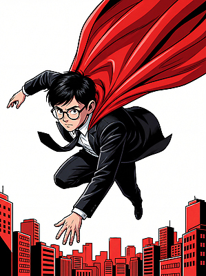 JPG 캐릭터 디자인 남자 일러스트 상상 청소년 정장 건물 청춘 도시풍경 힘 자유 도전 비행 도시 비즈니스맨 빨간망토 슈퍼히어로 액션 창의력 국내일러스트 AI일러스트 AI콘텐츠 건축물 옷 컨셉 비즈니스 사람 풍경 직장인 망토 영웅 파일형식