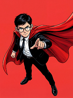 JPG 캐릭터 패션 남자 상징 포즈 백그라운드 일러스트 손가락 표정 정장 빨간색 카메라 힘 도전 가리킴 비즈니스맨 망토 그림 창의성 스타일 국내일러스트 AI일러스트 AI콘텐츠 손 옷 컬러 비즈니스 사람 손짓 전자제품 직장인 파일형식