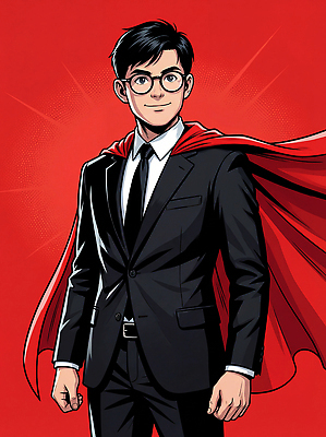 JPG 모양 캐릭터 시선 옷 남자 상징 포즈 백그라운드 일러스트 비즈니스 사람 정장 빨간색 카메라 작업 비즈니스맨 자신감 망토 그림 이미지 스타일 국내일러스트 AI일러스트 AI콘텐츠 감정 컬러 전자제품 직장인 파일형식