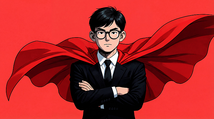 JPG 캐릭터 남자 백그라운드 일러스트 정장 캐주얼 빨간색 팔짱 자유 비즈니스맨 모던 그림 빨간망토 상상력 슈퍼히어로 창의력 스타일 국내일러스트 AI일러스트 AI콘텐츠 옷 컬러 컨셉 비즈니스 모션 사람 직장인 망토 영웅 파일형식