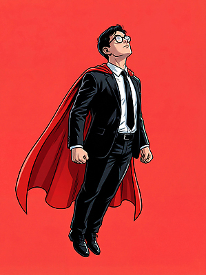 JPG 캐릭터 남자 상징 포즈 백그라운드 일러스트 하늘 사람 정장 빨간색 힘 비즈니스맨 분위기 망토 상상력 슈퍼히어로 액션 창의성 국내일러스트 AI일러스트 AI콘텐츠 옷 컬러 컨셉 비즈니스 직장인 영웅 파일형식