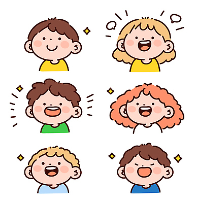 캐릭터 헤어스타일 옷 행복 감정 얼굴 어린이 컬러 일러스트 상상 표정 웃음 기쁨 표현 그림 긍정 국내일러스트 AI파일 컨셉 사람 신체부위 파일형식 벡터
