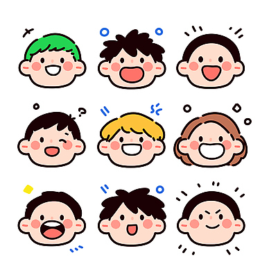 캐릭터 디자인 행복 감정 얼굴 일러스트 표정 미소 웃음 기쁨 모임 표현 아기 그룹 즐거움 그림 장면 국내일러스트 AI파일 사람 신체부위 파일형식 벡터