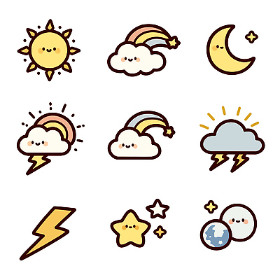 캐릭터 디자인 별 지구 어린이 무지개 일러스트 하늘 날씨 태양 다양 달 표현 번개 즐거움 그림 국내일러스트 AI파일 자연요소 감정 다수 사람 파일형식 벡터