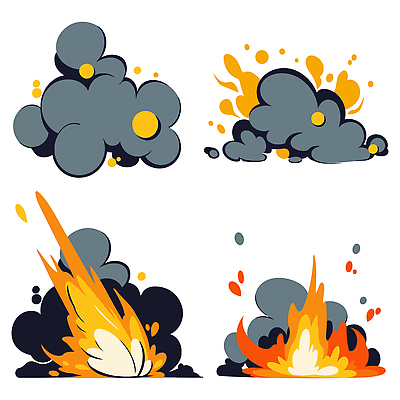 모양 디자인 컬러 일러스트 모션 불꽃 그래픽 장식 노란색 검은색 주황색 힘 소리 회색 표현 연기 폭발 그림 장면 효과 국내일러스트 AI파일 불 파일형식 벡터