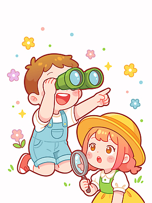 식물 꽃 행복 어린이 과학 일러스트 모션 자연 놀이 풍경 야외 여름 친구 봄 망원경 탐험 관찰 즐거움 호기심 확대경 발견 국내일러스트 AI파일 계절 감정 컨셉 관계 사람 생태계 파일형식 벡터