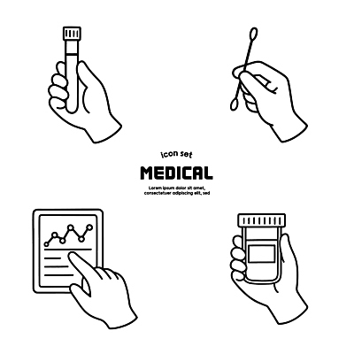 손 라인일러스트 일러스트 의학 의료기기 손짓 치료 자료 기계 진료 간호사 의사 도구 기록 실험실 분석 검사_조사 시약 순서 보건 국내일러스트 AI파일 컨셉 모션 실험 신체부위 약 의료진 파일형식 벡터