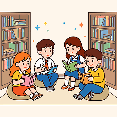 교육 어린이 일러스트 모션 실험 이야기 앉기 책 친구 학습 독서 공간 모임 만남 시간 그룹 분위기 도서관 즐거움 창의력 국내일러스트 AI파일 감정 컨셉 관계 사람 파일형식 벡터