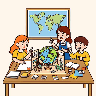 학생 교육 나라 지도 일러스트 모션 수업 실험 친구 세계 지구본 자료 탐험 발표 책상 호기심 그림 과제 지리 국내일러스트 AI파일 감정 가구 컨셉 관계 파일형식 벡터