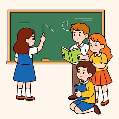 학생 교육 어린이 일러스트 교실 모션 수업 책 친구 학습 칠판 발표 가르침 질문 집중 소통 답변 참여 국내일러스트 AI파일 컨셉 학교 관계 사람 파일형식 벡터