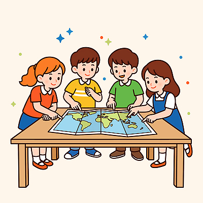교육 지도 일러스트 손가락 모션 탁자 협력 대화 친구 학습 세계 공간 정보 탐험 시간 계획 즐거움 나누기 발견 국내일러스트 AI파일 손 감정 가구 컨셉 관계 말하기 파일형식 벡터
