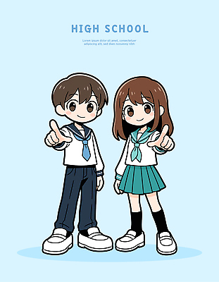캐릭터 학생 여학생 교복 남학생 셔츠 일러스트 손가락 학교 고등학생 넥타이 함께함 소년 친구 치마 일본 중학교 국내일러스트 AI파일 손 잡화 옷 여자 교육 남자 아시아 어린이 컨셉 상의 관계 청소년 하의 파일형식 벡터