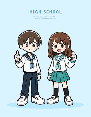 캐릭터 옷 여학생 행복 교복 남학생 유니폼 일러스트 손가락 교실 학교 청소년 고등학생 수업 함께함 표정 파란색 친구 기쁨 친목 긍정적 국내일러스트 AI파일 학생 손 여자 교육 남자 감정 컬러 컨셉 관계 사람 파일형식 벡터
