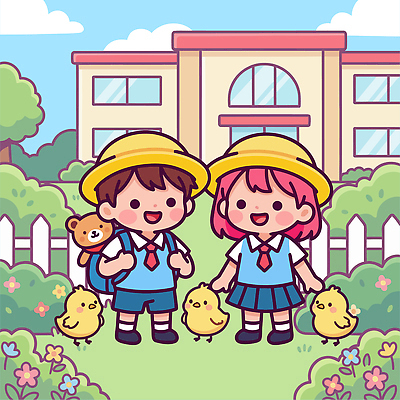 나무 동물 학생 꽃 어린이 가방 일러스트 교실 학교 놀이 초등학교 병아리 웃음 풍경 여름 친구 정원 즐거움 자연학습 자연관찰 국내일러스트 AI파일 식물 잡화 계절 교육 감정 관계 조류 표정 사람 관찰 체험학습 파일형식 벡터