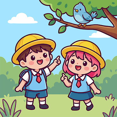 나무 동물 학생 행복 일러스트 배낭 학교 자연 조류 하늘 대화 웃음 초원 친구 햇빛 소풍 환경 게임 즐거움 자연학습 오후 자연관찰 국내일러스트 AI파일 식물 교육 감정 가방 관계 놀이 표정 말하기 태양 야외활동 관찰 체험학습 생태계 파일형식 벡터