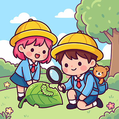 식물 학생 공원 어린이 일러스트 학교 모션 자연 놀이 돋보기 나뭇잎 여름 친구 학습 소풍 탐험 관찰 즐거움 호기심 그림 애벌레 자연학습 자연관찰 국내일러스트 AI파일 계절 공공시설 교육 감정 컨셉 잎 관계 사람 야외활동 체험학습 벌레 생태계 파일형식 벡터