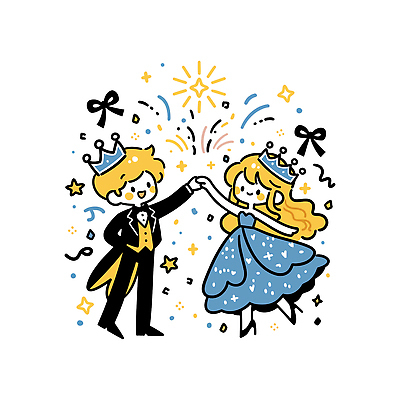 캐릭터 커플 기념일 별 어린이 컬러 일러스트 동화 불꽃놀이 장식 파티 손잡기 축제 기쁨 금색 축하 춤 즐거움 연미복 무도회 왕국 왕자 국내일러스트 AI파일 자연요소 감정 컨셉 관계 모션 놀이 문화예술 사람 정장 이벤트 파일형식 벡터