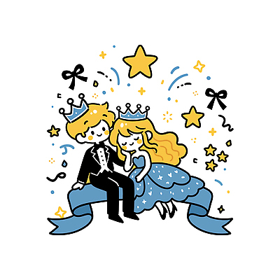 커플 행복 별 리본 일러스트 동화 왕관 함께함 불꽃놀이 사랑 장식 친구 파티 기쁨 만남 축하 즐거움 연미복 무도회 왕자 국내일러스트 AI파일 자연요소 감정 컨셉 관계 놀이 정장 이벤트 파일형식 벡터