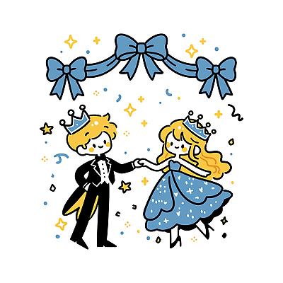캐릭터 커플 드레스 행복 별 리본 어린이 일러스트 동화 왕관 사랑 턱시도 장식 파티 손잡기 축제 춤 즐거움 연미복 무도회 왕자 국내일러스트 AI파일 자연요소 옷 감정 관계 모션 문화예술 사람 정장 이벤트 파일형식 벡터