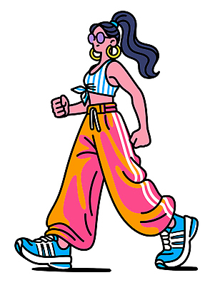 긴머리 여자 패션 운동화 일러스트 장신구 바지 거리 일상 캐주얼 운동복 걷기 탑 귀걸이 줄무늬 스니커즈 밝은색 스타일 국내일러스트 AI파일 헤어스타일 건축물 옷 신발 무늬 모션 하의 사람 라이프 파일형식 벡터