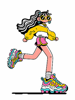 캐릭터 디자인 옷 패션 스포츠 컬러 운동화 일러스트 모션 소녀 청춘 달리기 귀걸이 파마 스웨터 즐거움 그림 스타일 국내일러스트 AI파일 헤어스타일 여자 감정 어린이 신발 컨셉 상의 장신구 파일형식 벡터