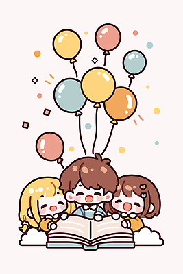 행복 어린이 컬러 일러스트 상상 놀이 이야기 웃음 책 친구 학습 모임 읽기 즐거움 그림 풍선 소꿉놀이 공동체 국내일러스트 AI파일 교육 감정 관계 모션 표정 사람 파일형식 벡터