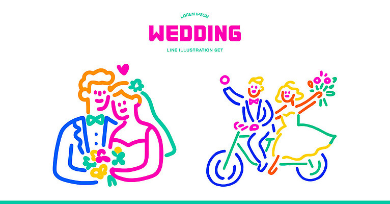 커플 옷 꽃 행복 신랑 결혼 라인일러스트 일러스트 결혼식 선물 사랑 이벤트 장식 파티 손잡기 자전거 기쁨 축하 국내일러스트 AI파일 식물 감정 컨셉 관계 모션 바이크 파일형식 벡터