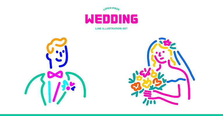 커플 여자 남자 행복 꽃다발 신랑 결혼 라인일러스트 일러스트 결혼식 사랑 정장 이벤트 장식 파티 축복 고객 준비 스타일 국내일러스트 AI파일 옷 꽃 감정 컨셉 관계 사람 파일형식 벡터