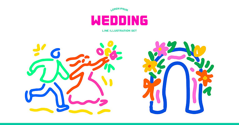 커플 여자 남자 행복 꽃다발 결혼 라인일러스트 일러스트 결혼식 선물 사랑 이벤트 장식 축하 그림 아치 새신랑 순간 국내일러스트 AI파일 꽃 감정 컨셉 관계 사람 파일형식 벡터
