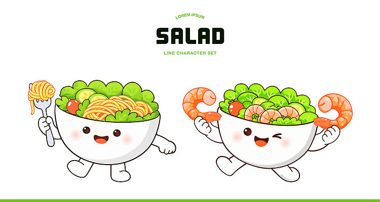 캐릭터 그릇 디자인 음식 채소 일러스트 재료 새우 파스타 마늘 요리 웃음 파티 귀여움 식사 샐러드 즐거움 일러캐릭터 AI파일 식기 감정 컨셉 서양음식 표정 갑각류 이벤트 파일형식 벡터