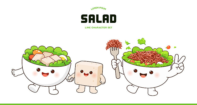 캐릭터 그릇 디자인 음식 채소 일러스트 재료 육류 요리 웃음 손잡기 식사 샐러드 즐거움 두부 일러캐릭터 AI파일 식기 감정 식재료 모션 표정 파일형식 벡터