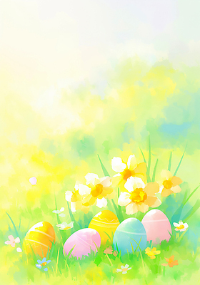 JPG 꽃 컬러 일러스트 모션 자연 놀이 풍경 야외 장식 햇빛 노란색 정원 계란 축제 봄 즐거움 유채 부활절계란 수선화 국내일러스트 AI일러스트 AI콘텐츠 식물 계절 감정 부활절 태양 알 생태계 파일형식