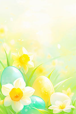 JPG 식물 디자인 꽃 행복 감정 컬러 백그라운드 일러스트 자연 생명 부활절 풍경 초원 초록색 노란색 알 봄 흰색 부활절계란 수선화 뷰티풀 국내일러스트 AI일러스트 AI콘텐츠 계절 기념일 계란 생태계 파일형식