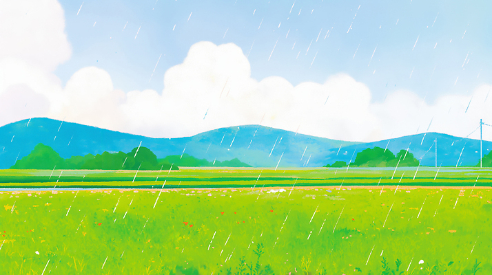 JPG 꽃 일러스트 자연 하늘 바람 날씨 풍경 잔디 초원 여름 파란색 농경지 목초지 물방울 시골 언덕 곡우 국내일러스트 AI일러스트 AI콘텐츠 자연요소 식물 계절 컬러 농장 목장 절기 생태계 파일형식 초원_자연