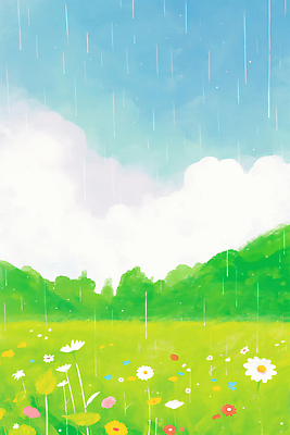 JPG 꽃 컬러 일러스트 자연 하늘 수채화 산 풍경 초원 초록색 햇빛 환경 들꽃 물방울 언덕 곡우 평원 국내일러스트 AI일러스트 AI콘텐츠 식물 태양 절기 생태계 파일형식