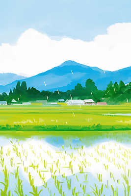 JPG 나무 농업 일러스트 자연 하늘 날씨 산 주택 풍경 초원 초록색 물 농사 수확 농촌 지역 곡우 논밭 국내일러스트 AI일러스트 AI콘텐츠 자연요소 식물 산업 컬러 밭 논 건물 시골 절기 생태계 파일형식