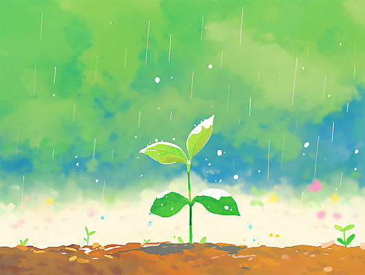 JPG 식물 문양 컬러 일러스트 자연 하늘 생명 풍경 물 새싹 환경 흙 성장 물방울 땅 곡우 국내일러스트 AI일러스트 AI콘텐츠 자연요소 절기 생태계 파일형식