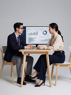 JPG 편집이미지 여자 남자 비즈니스 회의 그래프 직장 대화 자료 업무 분석 전략 패널 의사소통 의료성형뷰티 편집실사 AI인물포토 AI콘텐츠 컨셉 회사 말하기 사람 작업 CG 파일형식 AI포토