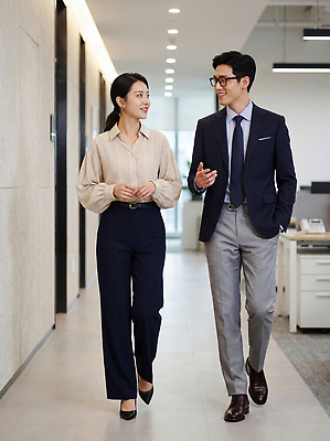 JPG 편집이미지 옷 여자 남자 관계 직장 대화 웃음 정장 사무실 걷기 환경 공간 업무 복도 동료 의료성형뷰티 편집실사 AI인물포토 AI콘텐츠 회사 비즈니스 모션 표정 말하기 사람 작업 CG 파일형식 AI포토