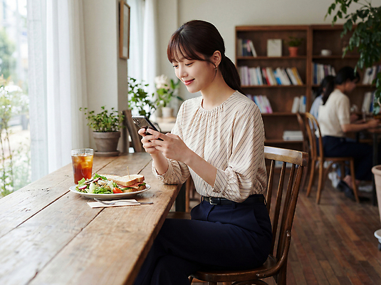 JPG 편집이미지 여자 음료 음식 샌드위치 대화 초록색 스마트폰 소파 식사 카페 샐러드 점심 나무탁자 의료성형뷰티 안락 편집실사 AI인물포토 AI콘텐츠 컬러 컨셉 의자 탁자 말하기 사람 핸드폰 스마트기기 상점 CG 파일형식 AI포토