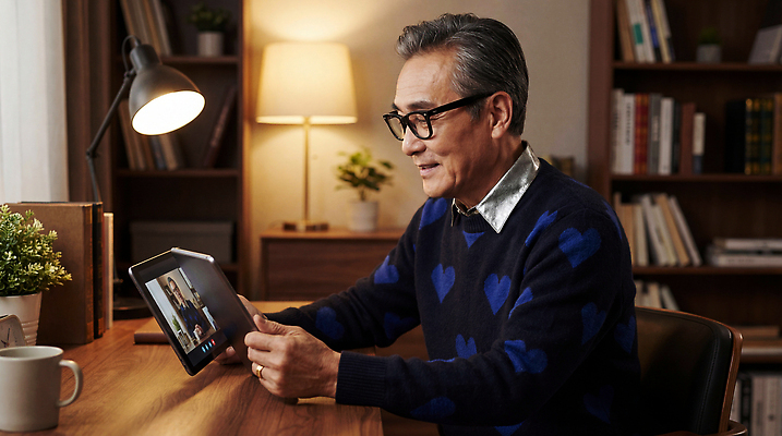 JPG 편집이미지 노년 남자 조명 기술 대화 일상 책 노트북 컴퓨터 스크린 방 저녁 주말 소통 화상통화 의료성형뷰티 액티브시니어 편집실사 AI인물포토 AI콘텐츠 컨셉 말하기 사람 성인 라이프 전자제품 실버라이프 야간 CG 통화 파일형식 AI포토