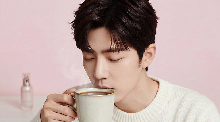 JPG 모델 편집이미지 남자 커피 음료 겨울 실내 일상 생활 뷰티 따뜻한음료 카페인 의료성형뷰티 분홍색배경 편집실사 AI인물포토 AI콘텐츠 계절 분홍색 백그라운드 사람 내부 라이프 CG 파일형식 AI포토