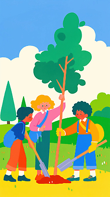 JPG 나무 일러스트 모션 자연 협력 야외 환경 정원 장비 성장 삽 식목일 나무심기 심기 국내일러스트 AI일러스트 AI콘텐츠 식물 기념일 생태계 파일형식