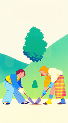JPG 나무 식물 일러스트 모션 자연 사람 두명 파란색 환경 보호 땅 삽 식목일 생태계 나무심기 기후변화 심기 국내일러스트 AI일러스트 AI콘텐츠 기념일 컬러 컨셉 날씨 변화 파일형식