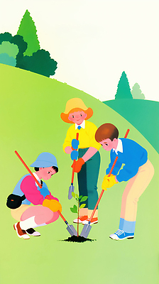 JPG 나무 식물 일러스트 모션 자연 날씨 함께함 환경 정원 흙 도구 작업 식목일 나무심기 녹지 동아리 심기 국내일러스트 AI일러스트 AI콘텐츠 기념일 컨셉 생태계 파일형식