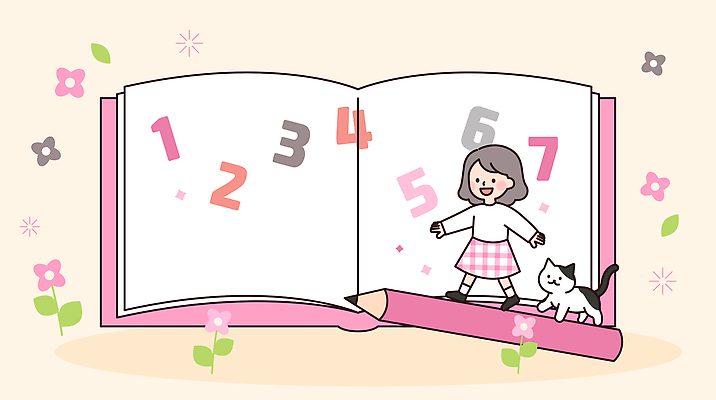 캐릭터 교육 꽃 행복 어린이 백그라운드 일러스트 놀이 소녀 장식 책 학습 숫자 고양이 즐거움 그림 크레파스 창의성 국내일러스트 AI파일 식물 문자 여자 감정 포유류 학용품 사람 반려동물 파일형식 벡터