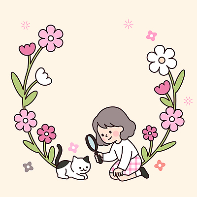 동물 교육 꽃 어린이 나비 꽃밭 일러스트 자연 놀이 실험 웃음 소녀 일상 친구 반려동물 고양이 관찰 확대경 국내일러스트 AI파일 식물 여자 곤충 포유류 관계 모션 표정 사람 라이프 생태계 파일형식 벡터