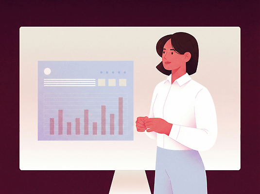 JPG 여자 일러스트 비즈니스 모션 통계 회의 그래프 직장 설명 스크린 자료 교양 정보 발표 결과 프레젠테이션 분석 서류판 국내일러스트 AI일러스트 AI콘텐츠 컨셉 회사 사람 사무용품 파일형식