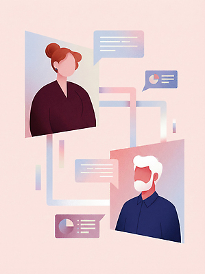 JPG 여자 남자 일러스트 비즈니스 커뮤니케이션 그래프 기술 대화 사람 상반신 디지털 자료 정보 표현 작업 메시지 분석 소통 인터페이스 화상 국내일러스트 AI일러스트 AI콘텐츠 컨셉 말하기 상처 파일형식