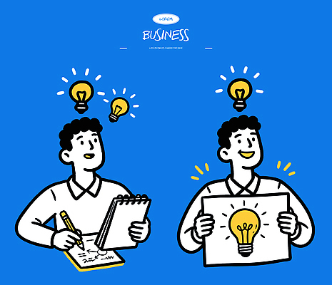 디자인 상징 백그라운드 생각 일러스트 비즈니스 전구 모션 협력 아이디어 사람 두명 파란색 친구 공책 표현 기록 스케치 그림 영감 창의성 국내일러스트 AI파일 컬러 컨셉 관계 문구용품 미술 파일형식 벡터
